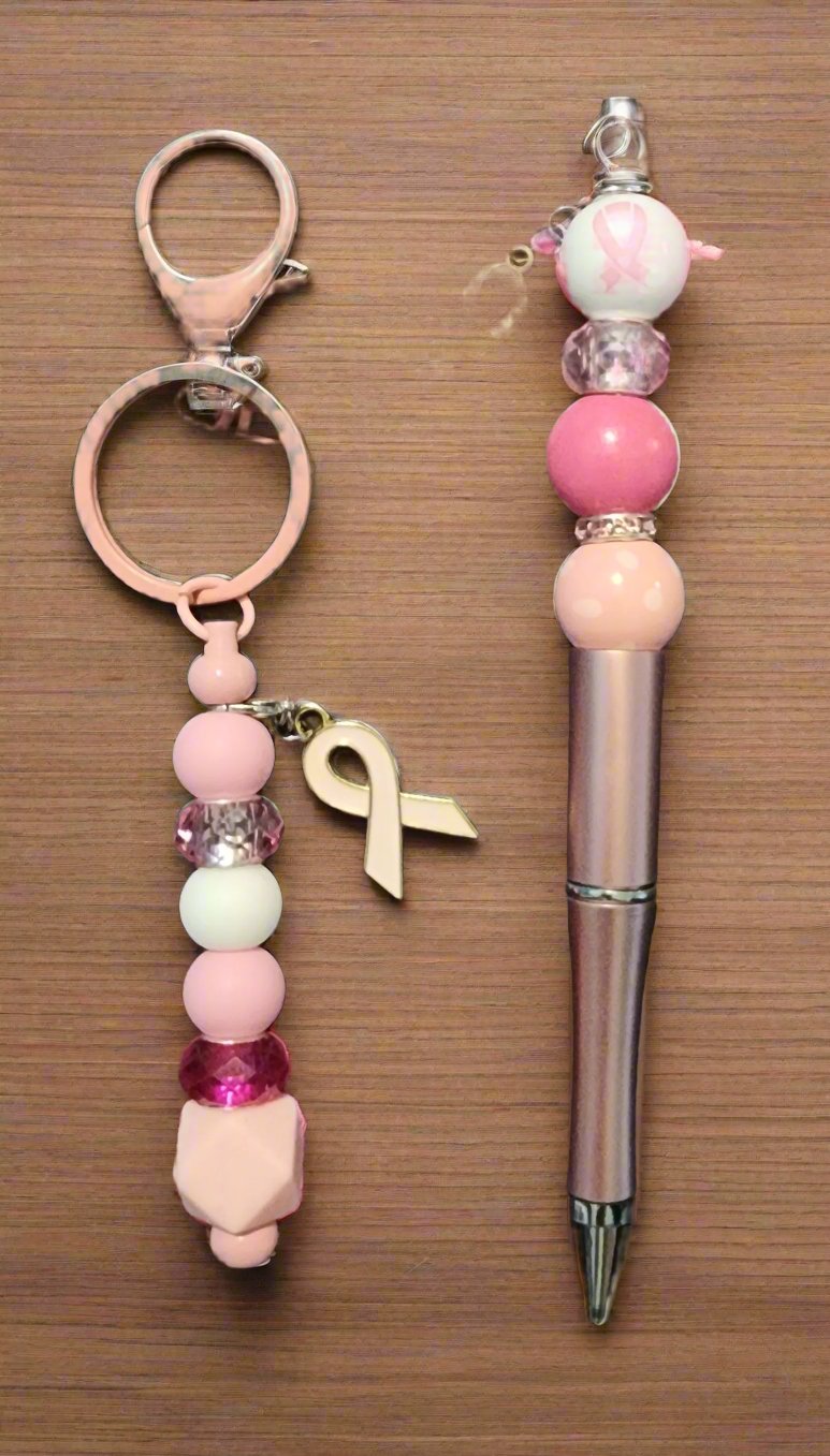 Breast Cancer Awareness Beaded Pen and Keychain Set