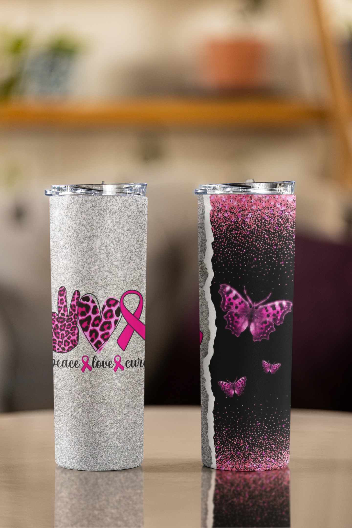 Peace Love Cure Breast Cancer Awareness Glitter Tumbler